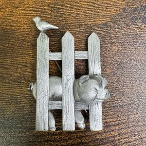 AJC Pig with Head Stuck in Fence Pewter Brooch Pin Bird Vintage Figural Funny